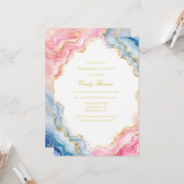 Invitación Despedida de soltera de Ágata Rosa Azul Dorado (Anverso/Reverso In Situ)