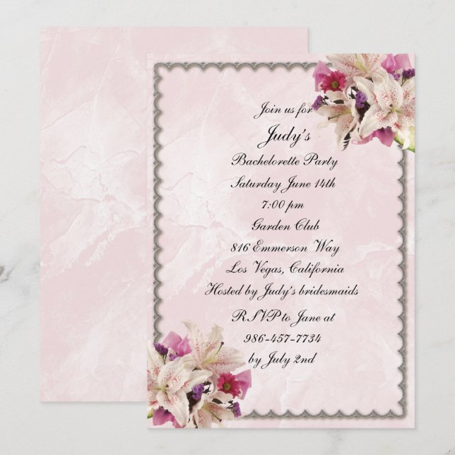 Invitación Despedida de soltera de boda de mármol rosa floral (Anverso / Reverso)