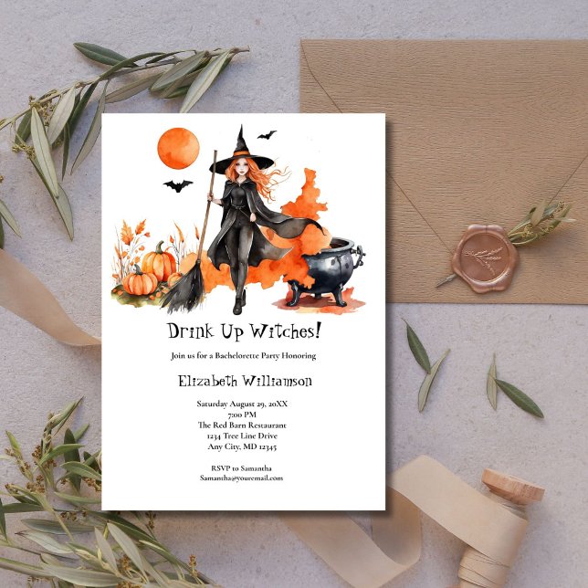 Invitación Despedida de soltera de Brujas Bebe  (Drink Up Witches Black Orange Bachelorette Party Invitation)