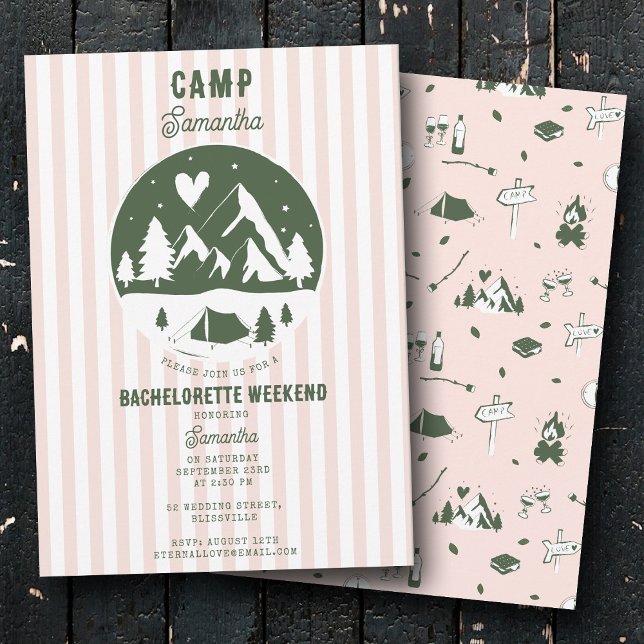 Invitación Despedida de soltera de camping en rosa Fin de sem (Camp Bachelorette Party Camping Bach Weekend Pink Invitation)