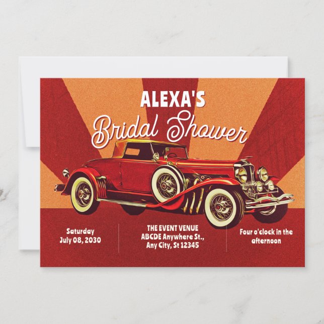 Invitación Despedida de soltera de coche clásico retro rojo (Anverso)