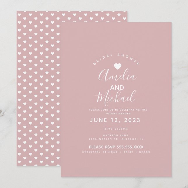 Invitación Despedida de soltera de corazones rosados ​​mínimo (Anverso / Reverso)