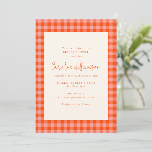 Invitación Despedida de Soltera de Cuadros Escoceses Naranja  (Anverso de pie)