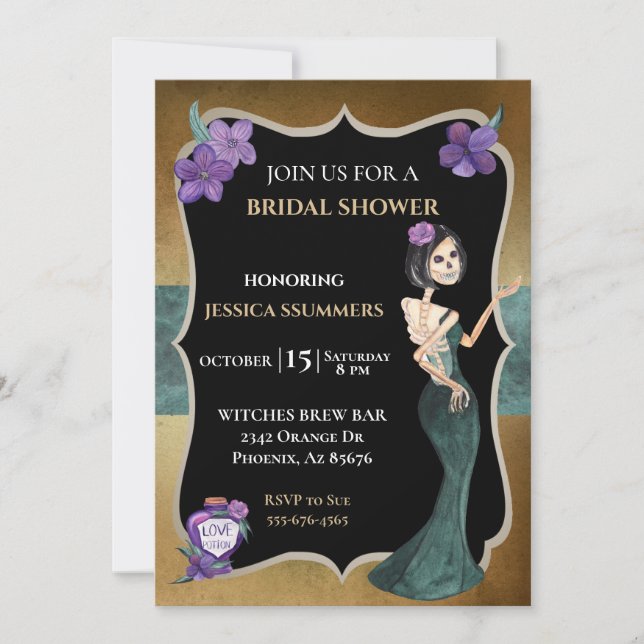 Invitación Despedida de soltera de esqueleto de Halloween de  (Anverso)