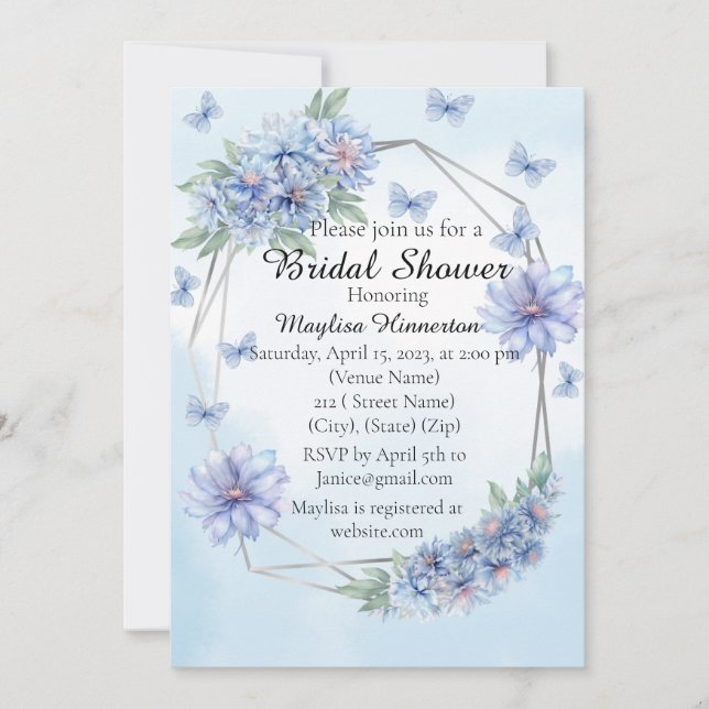 Invitación Despedida de soltera de flores azules y mariposas  (Anverso)