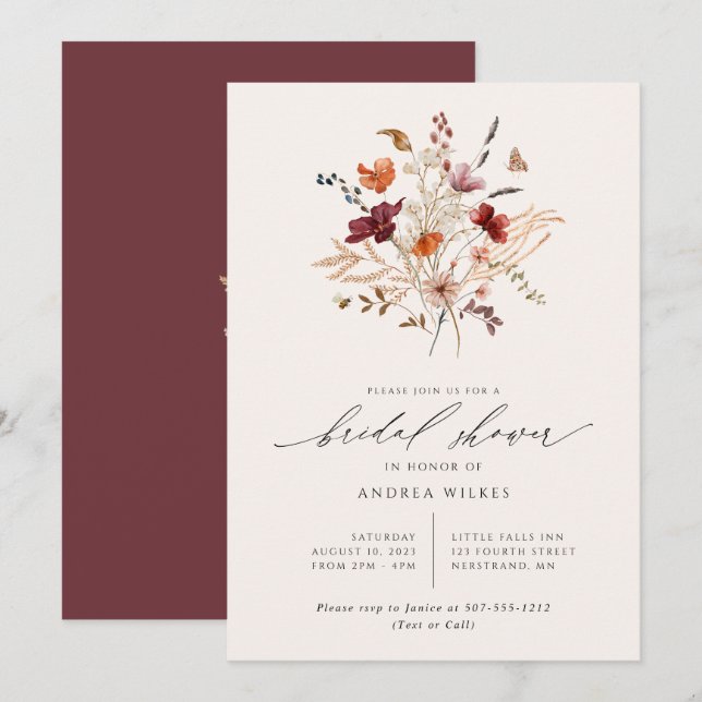Invitación Despedida de Soltera de Flores Silvestres Boho de  (Anverso / Reverso)