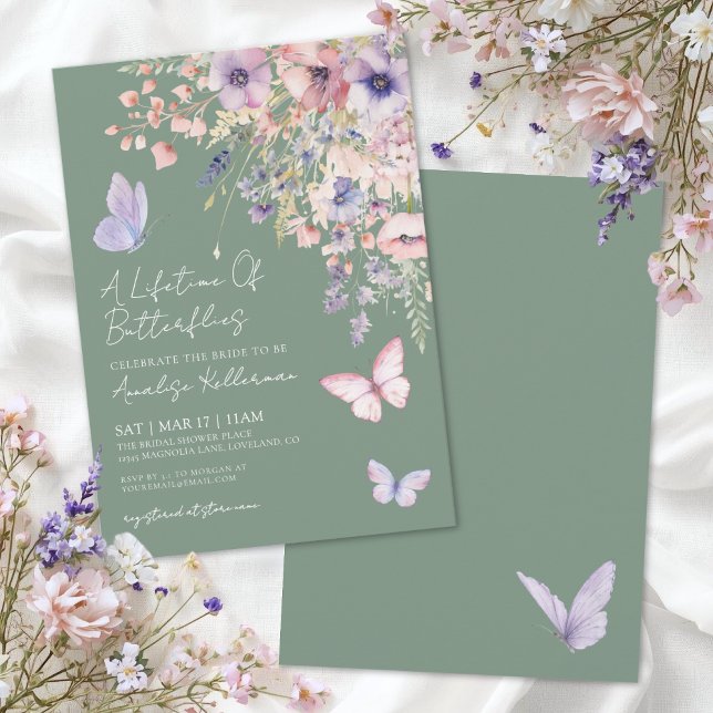 Invitación Despedida de soltera de flores silvestres de marip (Sage Green Butterfly Wildflower Bridal Shower Invitation)