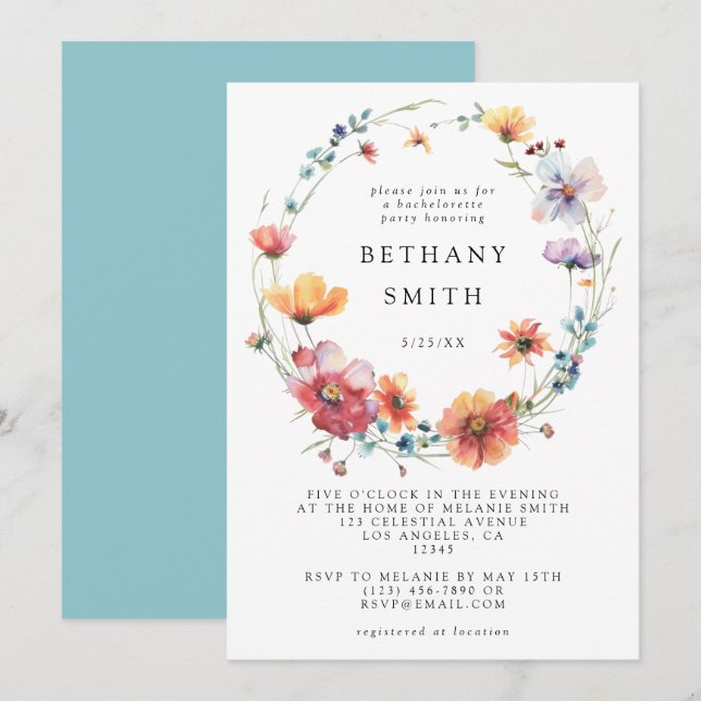 Invitación Despedida de soltera de flores silvestres en acuar (Anverso / Reverso)