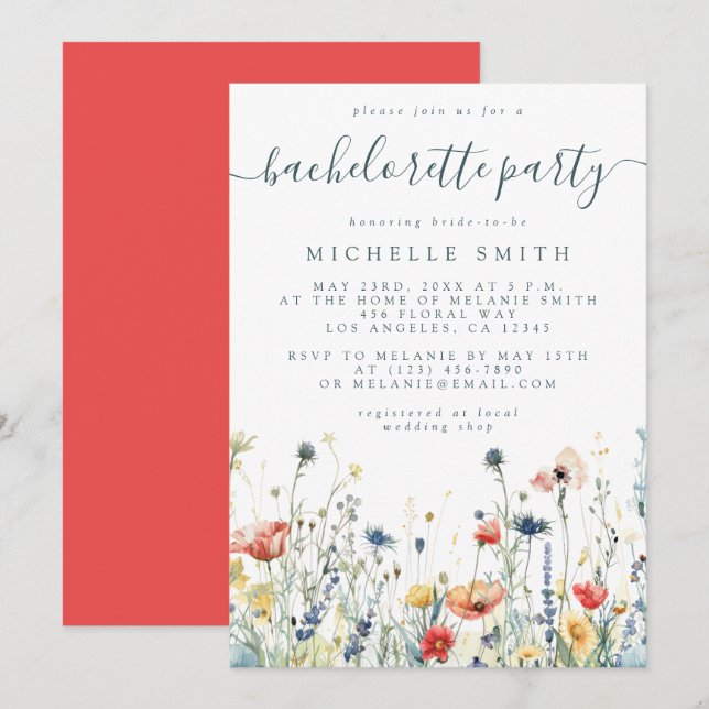 Invitación Despedida de soltera de flores silvestres vibrante (Anverso / Reverso)