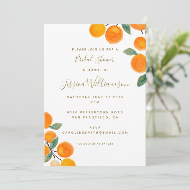 Invitación Despedida de soltera de frutas cítricas naranjas a (Anverso de pie)
