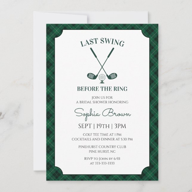 Invitación Despedida de soltera de golf a cuadros verdes (Anverso)
