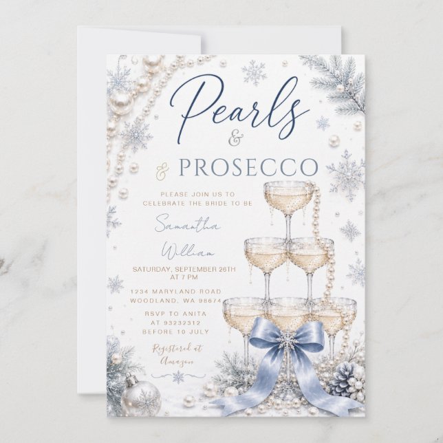 Invitación Despedida de soltera de invierno azul perlas y pro (Anverso)