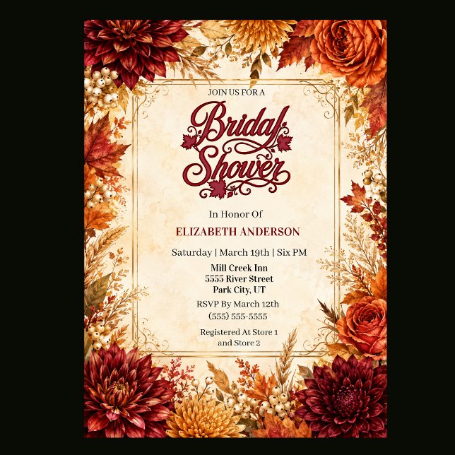 Invitación Despedida de Soltera de Lujo de Otoño (Elegant fall bridal shower invitation with burgundy, burnt orange, rust and gold watercolor flowers,)