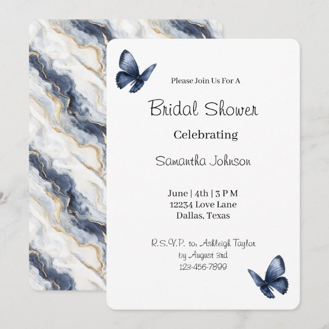 Invitación Despedida de soltera de Mariposas Azules (Anverso / Reverso)