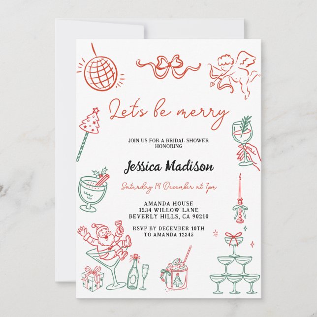 Invitación Despedida de soltera de Navidad dibujada a mano vi (Anverso)
