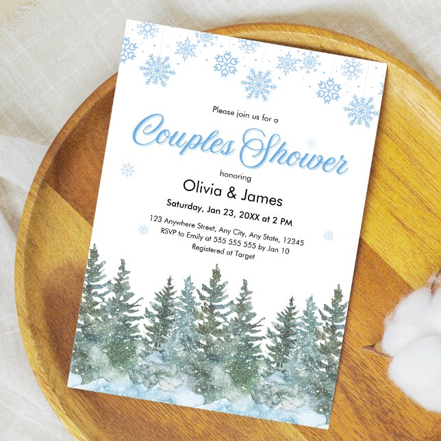 Invitación Despedida de soltera de parejas copos de nieve árb (Winter Pine Trees Snowflakes Couples Bridal Shower Invitation )