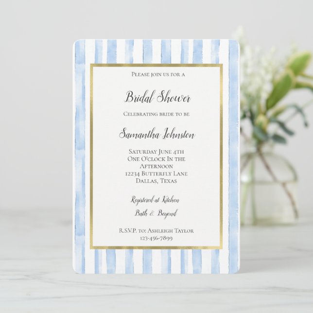 Invitación Despedida de soltera de rayas azules y blancas (Anverso de pie)