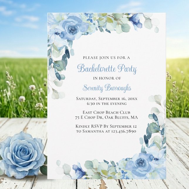 Invitación Despedida de Soltera de Rosas de Acuarela Azul Flo (Subido por el creador)