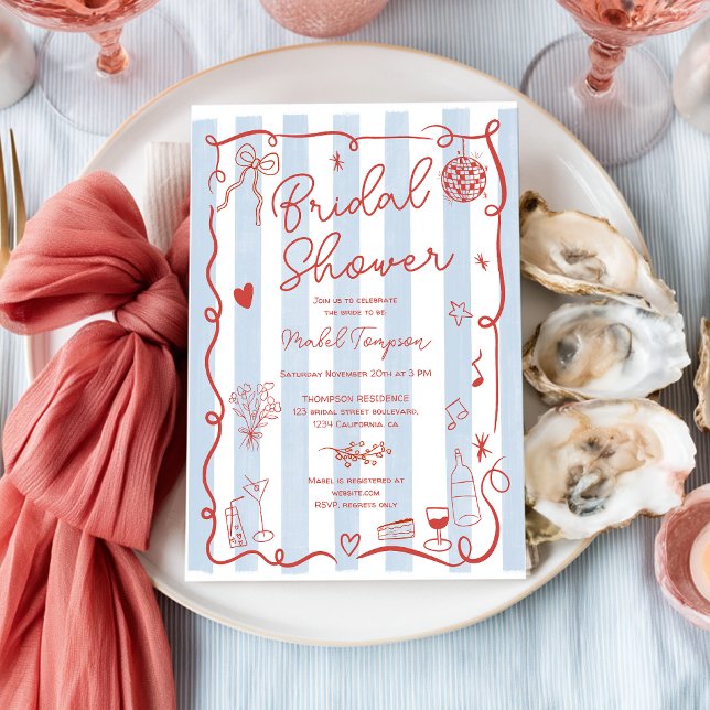 Invitación Despedida de soltera de verano a rayas azules y ro (Coastal Blue Red Striped Summer Bridal Shower Invitation)