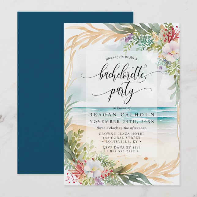 Invitación Despedida de soltera en la playa con acuarela (Anverso / Reverso)