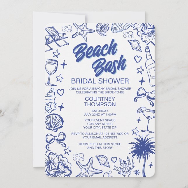 Invitación Despedida de soltera en la playa con dibujos capri (Anverso)