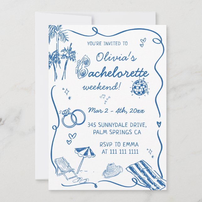 Invitación Despedida de soltera en la playa costera dibujada  (Anverso)