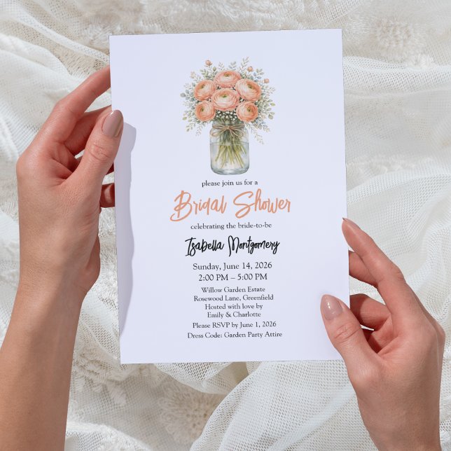 Invitación Despedida de soltera en tarro de Mason con paleta  (Peach Palette Ranunculus Mason Jar Bridal Shower Invitation
)