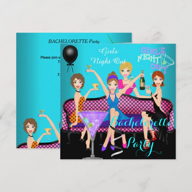 Invitación Despedida de soltera Fiesta Azul Turquesa Rosa Div (Anverso / Reverso)