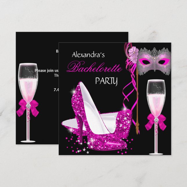 Invitación Despedida de soltera Fiesta Rosa Fucsia Mascarada  (Anverso / Reverso)
