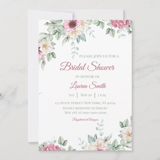 Invitación Despedida de Soltera Floral Acuarela Rosa Sonrojo (Anverso)