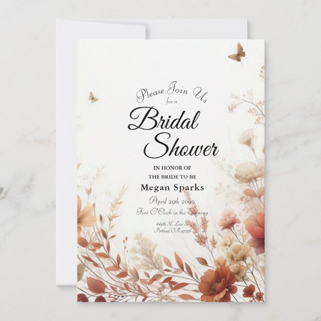 Invitación Despedida de soltera floral Boho Browns con maripo (Anverso)