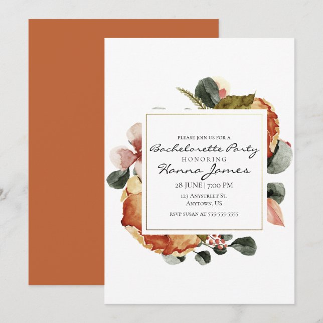Invitación Despedida de soltera floral de acuarela de otoño (Anverso / Reverso)