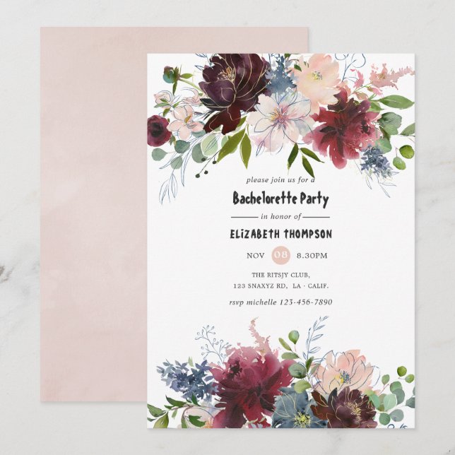 Invitación Despedida de soltera floral de Borgoña y rubor (Anverso / Reverso)