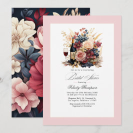Invitación Despedida de soltera floral de vino Borgoña, azul