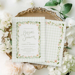 Invitación Despedida de soltera floral en gingham verde
