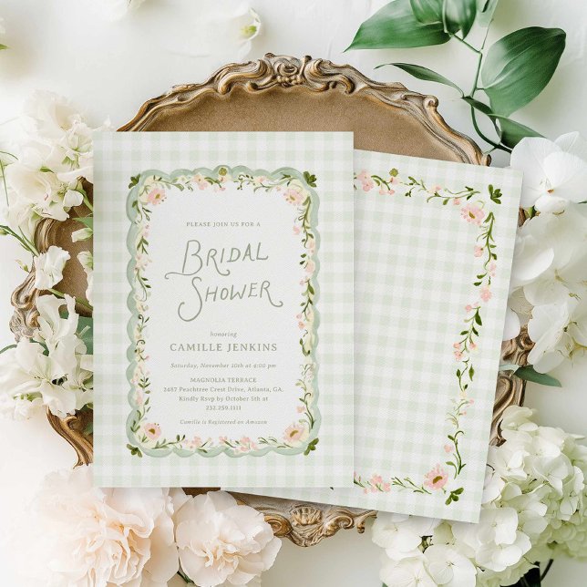Invitación Despedida de soltera floral en gingham verde (Sage Green Gingham Floral Bridal Shower Invitation)