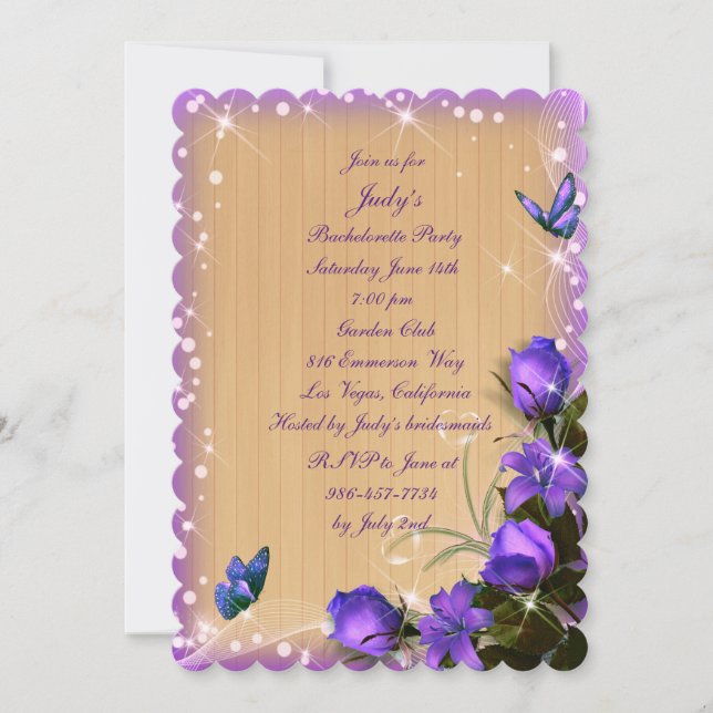 Invitación Despedida de Soltera Floral Púrpura de Madera Rúst (Anverso)