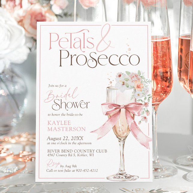 Invitación Despedida de soltera floral rosa Petals and Prosec (Petals and Prosecco Watercolor floral champagne pink coquette bow elegant bridal shower invitation)
