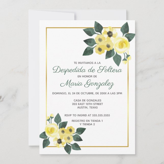 Invitación Despedida de Soltera Flores Amarillas Bridal Showe (Anverso)