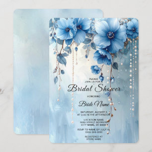 Invitación Despedida de Soltera Flores Azules y Perlas
