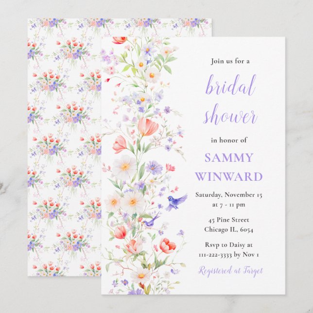 Invitación Despedida de Soltera Flores y Pájaros de Primavera (Anverso / Reverso)
