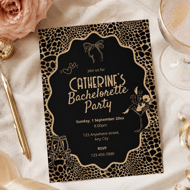 Invitación Despedida de Soltera Glam Black & Gold Estampado d (Glam Black & Gold Leopard Print Bachelorette Party Invitation)