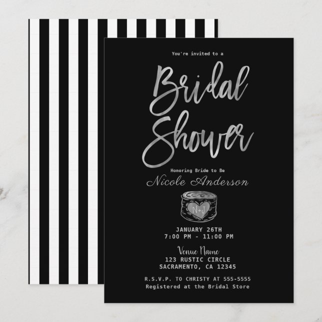 Invitación Despedida de Soltera Glam Rústico Plateado y a Ray (Anverso / Reverso)