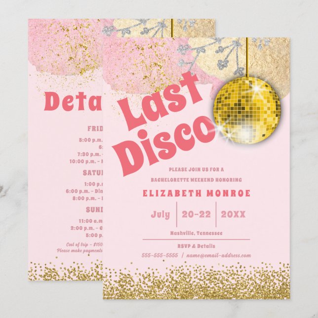 Invitación Despedida de soltera glamuroso retro Disco Rosa Do (Anverso / Reverso)