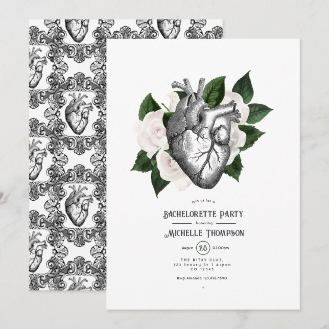 Invitación Despedida de soltera gótica floral blanca capricho (Anverso / Reverso)