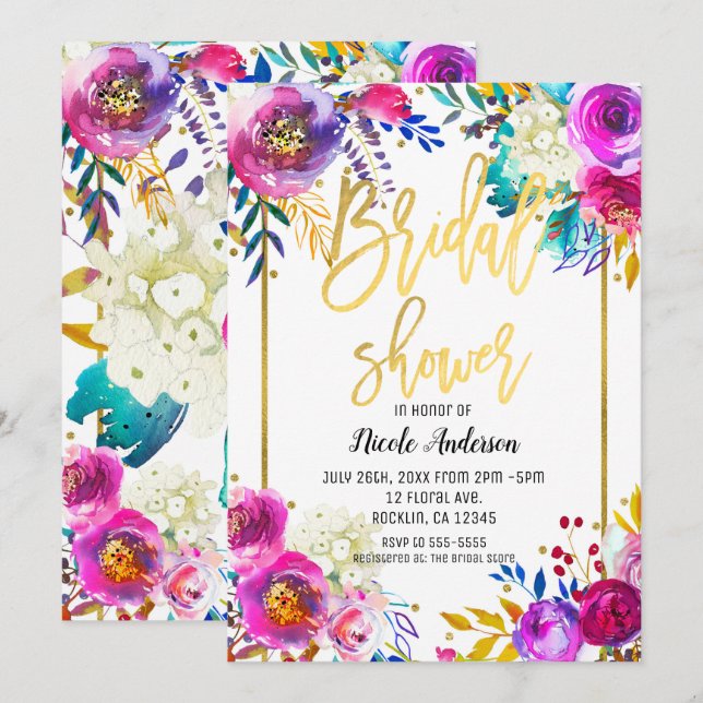 Invitación Despedida de soltera guion dorado negrita floral a (Anverso / Reverso)