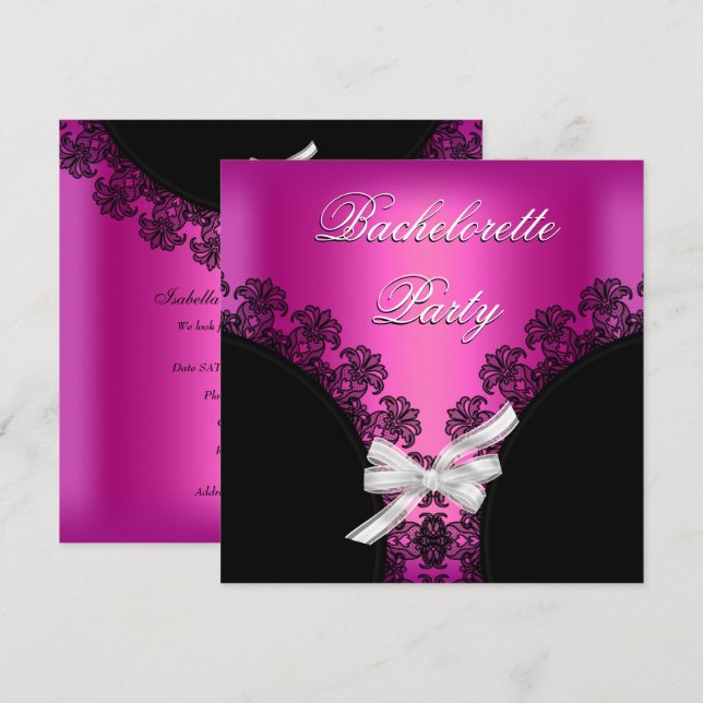 Invitación Despedida de soltera Hot pink Encaje negro (Anverso / Reverso)