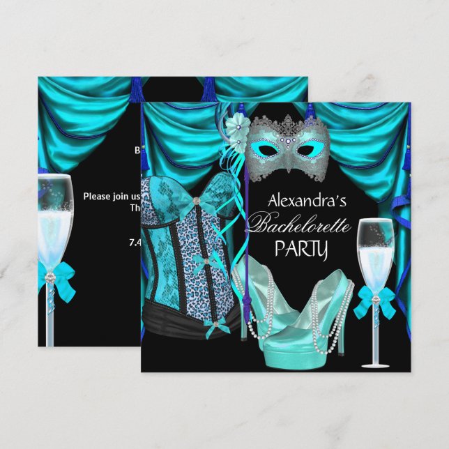 Invitación Despedida de soltera Leopard Azul Mascarada Champa (Anverso / Reverso)