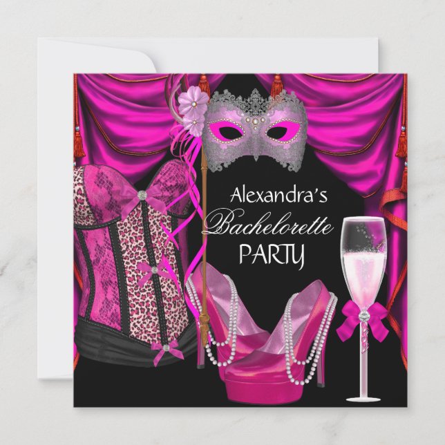 Invitación Despedida de soltera Leopard Rosa Mascarada Champa (Anverso)