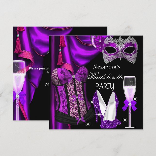 Invitación Despedida de soltera Leopardo Purpura Máscara Cham (Anverso / Reverso)